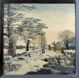 Alton Hinman (American 20th c.), oil on board winter landscape, titled The Mill Sunset, signed