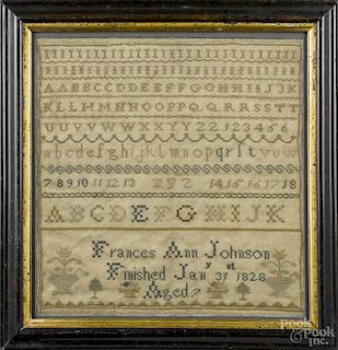 Silk on linen sampler, dated 1828, wrought by Frances Ann Johnson, 13'' x 12 1/2''.