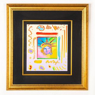 Peter Max Mixed Media Art Collage, Liberty Head Ii, Signed