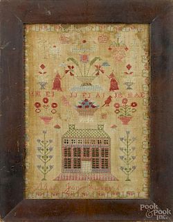 Wool on linen sampler, dated 1836, wrought by Mary Jons Quarry, 16'' x 11 1/4''.