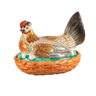 Staffordshire Ceramic Figural Group, Hen In A Basket