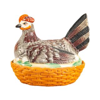 Staffordshire Ceramic Hen On A Basket.