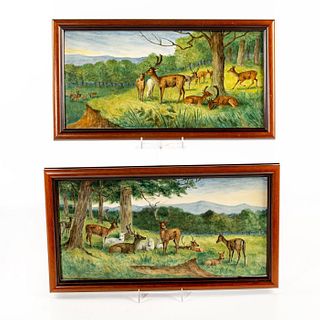 Pair Of Handpainted Wall Plaques Bucks, Stags, And Fawns