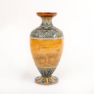 Vintage Doulton Lambeth Stoneware Vase, Deer In Pasture