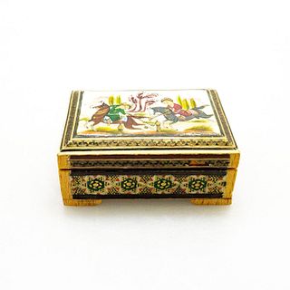 Russian Palekh Miniature Enamel Trinket Box, Horses & Polo