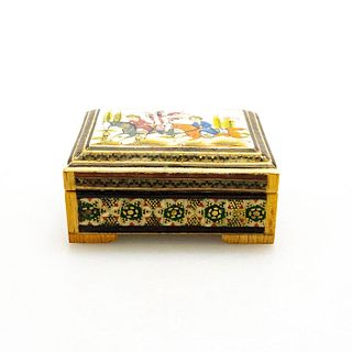 Russian Palekh Miniature Enamel Trinket Box, Horses & Polo