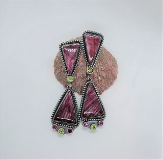 Phyllis Floyd, Purple Spiny Oyster Earrings with peridot and rhodolite garnet accents