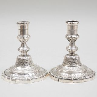 Pair of Continental Silver Metal Engraved Candlesticks
