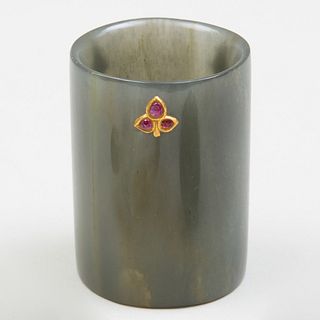 Small Indian Gold and Ruby Inset Jade Cup