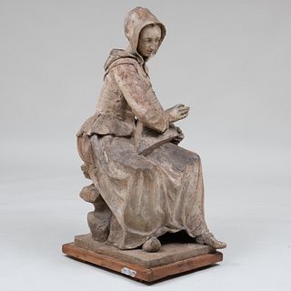 French Painted Terracotta Model of a Woman in Period Costume Playing the Harp