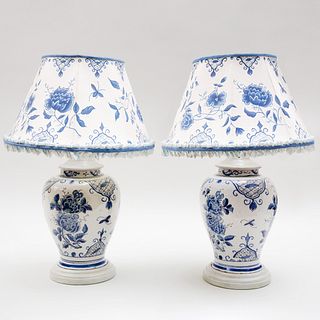 Pair of Dutch Blue and White Delft Baluster Vases Mounted as Lamps