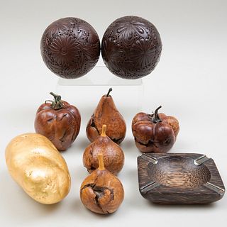 Group of Five Burl Wood Models of Fruit and Vegetables
