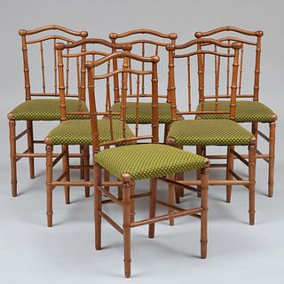 Set of Six Regency Style Faux Bamboo Fruitwood Side Chairs
