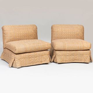 Pair of Large Embroidered Fortuny Upholstered Slipper Chairs, Designed by Mica Ertegun, MAC II