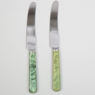 Set of Six English Steel and Faux Marble Composite Dessert Knives