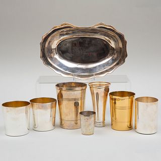 Set of Eleven Silver Plate Beakers, Five Silver Plate Beakers and a Silver Plate Barber's Bowl