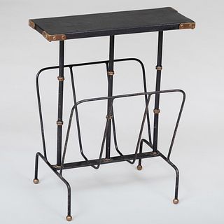 Modern French Brass-Mounted Black Painted Metal Work and Leather Magazine Rack, in the manner of Jacques Adnet
