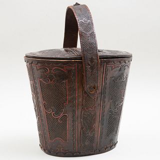 Austrian Painted and Carved Leather Bucket with Handle