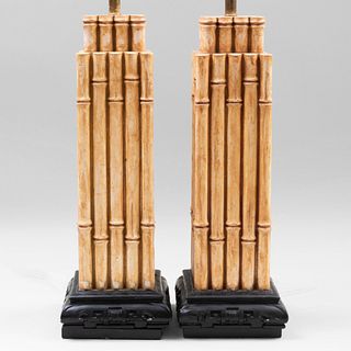 Pair of Modern Faux Bamboo Pottery Lamps, stamped Jo Wallis
