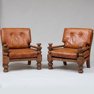 Pair of Large Modern Mahogany and Leather Armchairs