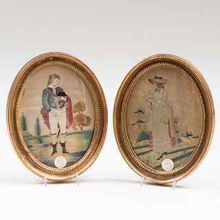 Pair of French Embroidered Silkwork Oval Portraits