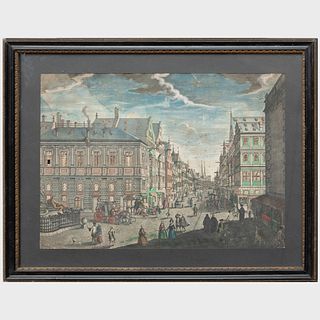 European Colored Engraving Shadow Box of a City Scene