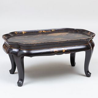 Japanese Mother-of-Pearl Inlaid Black Lacquer Tray Table