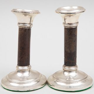 Pair of George V Silver-Mounted Lacquer Candlesticks