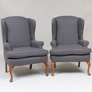 Pair of George II Style Flannel Upholstered Wing Chairs, of Recent Manufacture