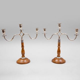 Pair of Silver Plate Three-Light Candelabras on Turned Wood Bases