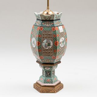 Chinese Export Gilt-Metal-Mounted Famille Verte Porcelain Lantern Mounted as a Lamp