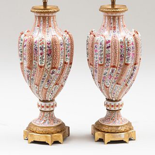 Pair of Continental Gilt-Metal-Mounted Porcelain Baluster Shaped Lamps, Possibly Samson