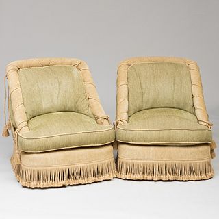 Pair of Green and Oatmeal Chenille Upholstered Club Chairs with Fringe