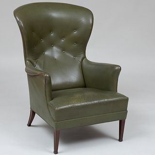 Danish Mahogany and Green Leather Upholstered Wing Armchair, Attributed to Frits Henningsen