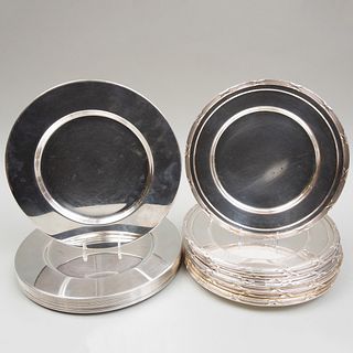 Set of Eleven Silver Plate Chargers and a Set of Twelve Silver Plate Chargers with Banded Reed Rims