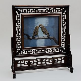 Chinese Silkwork and Carved Hardwood Two-Sided Table Screen