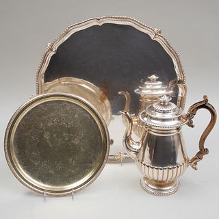 Silver Plate Coffee Pot, a Salver and a Waiter