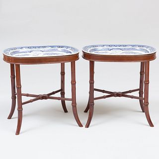 Pair of Blue and White Transfer Printed Platters in the 'Blue Willow' Pattern on Later Faux Bamboo Stands