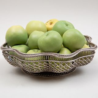 Group of Pottery Models of Granny Smith Apples in a Silvered-Metal Basket