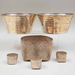 Pair of Tiffany Silver Circular Baskets and a Group of Four Soft Tane Mexican Silver Baskets