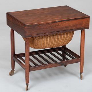 Modern Danish Rosewood Sewing Table with Woven Basket, in the Manner of Hans Wegner