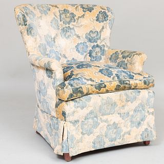 Blue and Cream Cut Velvet Upholstered Armchair