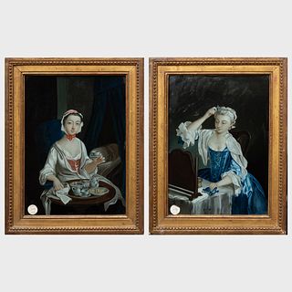 Pair of French Reverse Paintings on Glass of Maidens