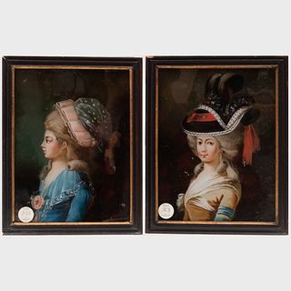 Pair of French Verre Ã‰glomisÃ© Portraits of Ladies in Hats
