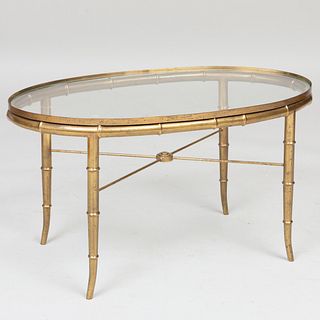 Modern Faux Bamboo Brass and Glass Oval Low Table