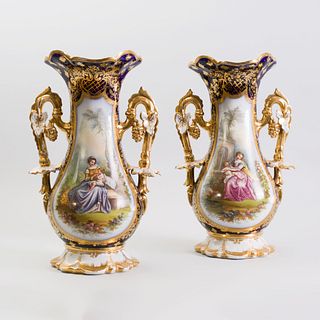 Pair of Tall Continental Cobalt and Parcel-Gilt Porcelain Two-Handled Vases