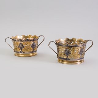Pair of Russian Silver-Gilt and Niello Bottle Coasters