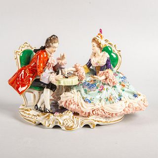Dresdan Lace Porcelain Couple Figurine Playing Chess
