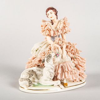 Vintage Dresden Porcelain Figurine, Woman With Dog 456