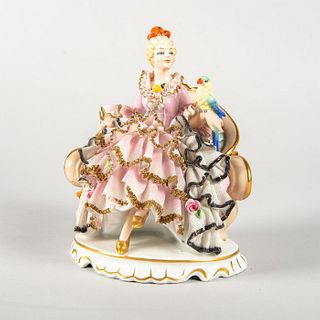 Vintage German Porcelain Figurine, Woman With Parrot